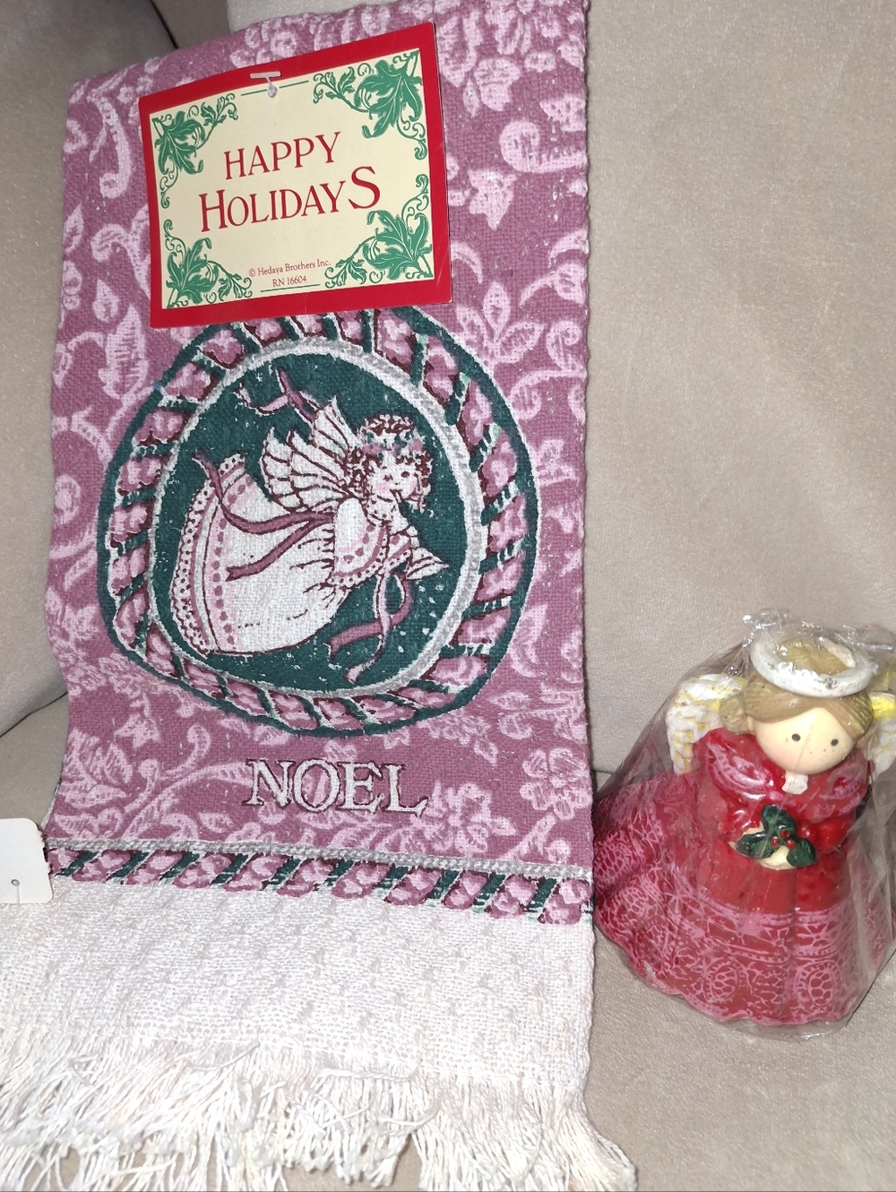 Happy Holidays Noel Pink Angel Holiday Towel - And Angel Candle